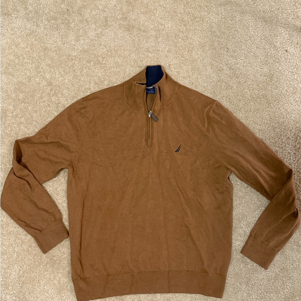 Nautica Brown Zip Up Sweater Classic Knit Design